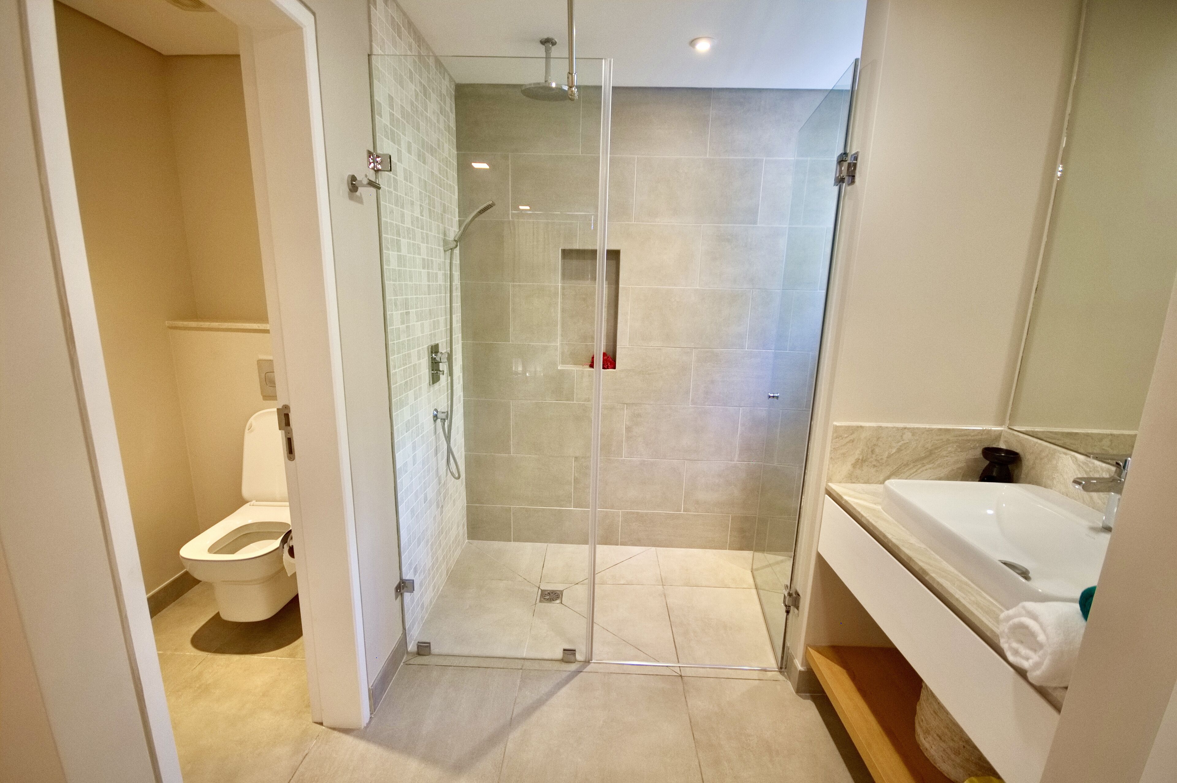 A modern bathroom with a glass-enclosed shower, a toilet, and a sink with a mirror.