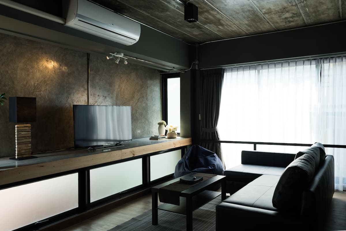 40-inch flat-screen TV with cable channels, TV, pay films