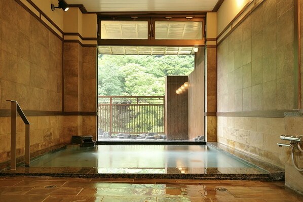 Una piscina interior amplia con vistas a un jardín exuberante.