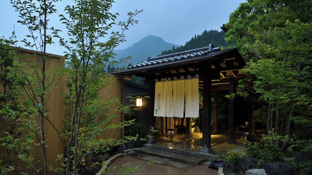 Edificio japonés tradicional con estructura de madera, un sendero de piedra y montañas al fondo.