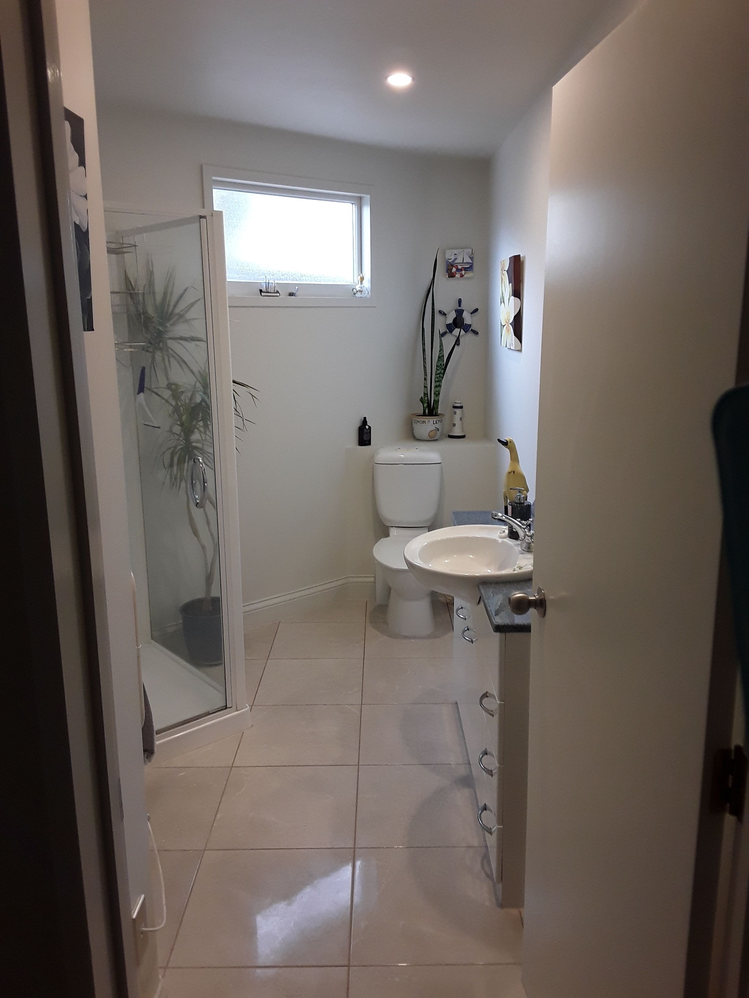 Une salle de bain avec une douche à parois de verre, des toilettes et un lavabo.