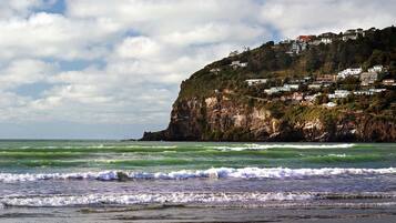 Beach nearby, white sand, beach towels, windsurfing