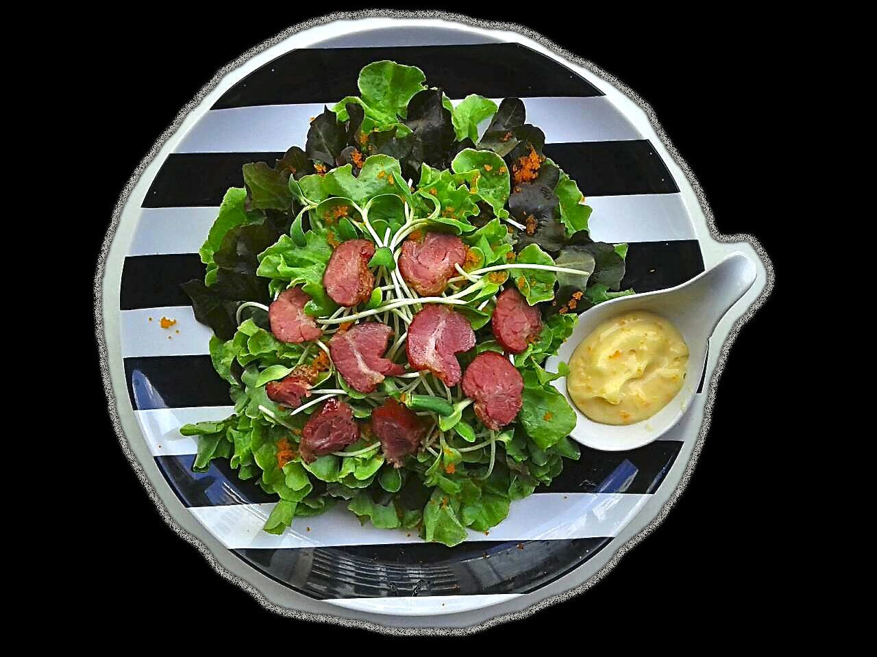 A plate of food with a salad, meat slices, and a sauce.