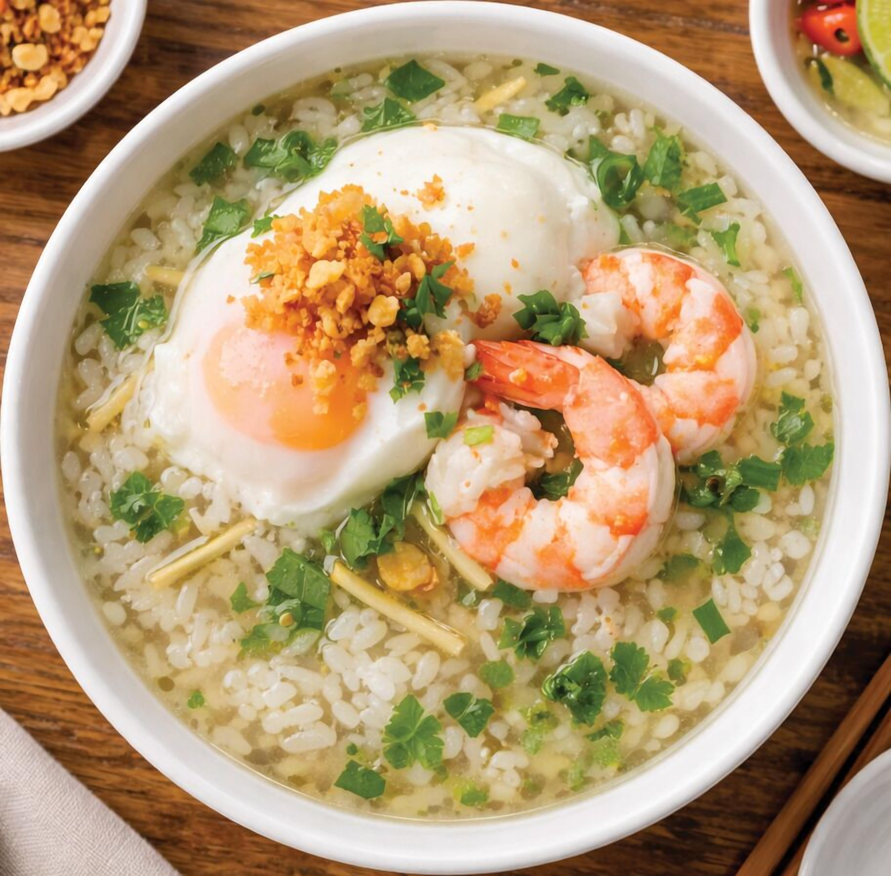 Uma tigela de sopa com arroz, camarão e um ovo cozido.