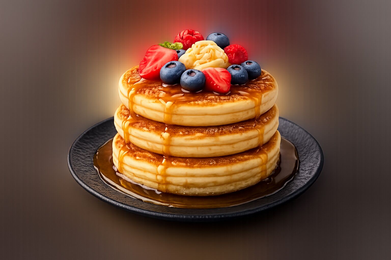 A stack of pancakes with syrup and fruit toppings.