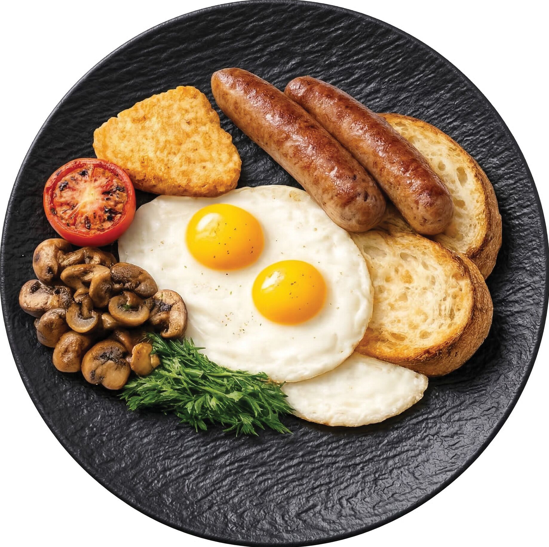 A breakfast plate with eggs, sausages, mushrooms, toast, and a tomato.
