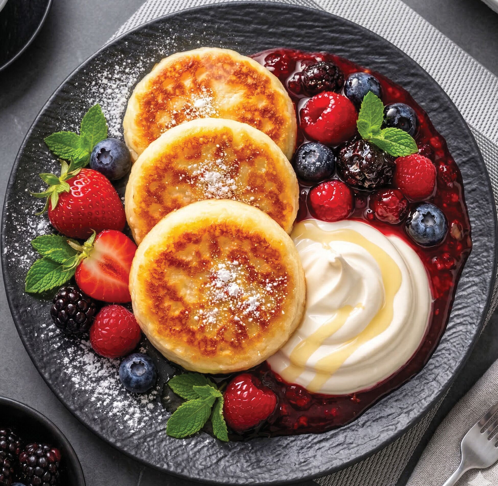 A plate of pancakes with berries and whipped cream.