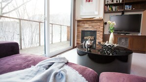 A modern living room with a fireplace, a television, and a bookshelf. - Toshokan 2 (Kutchan)
