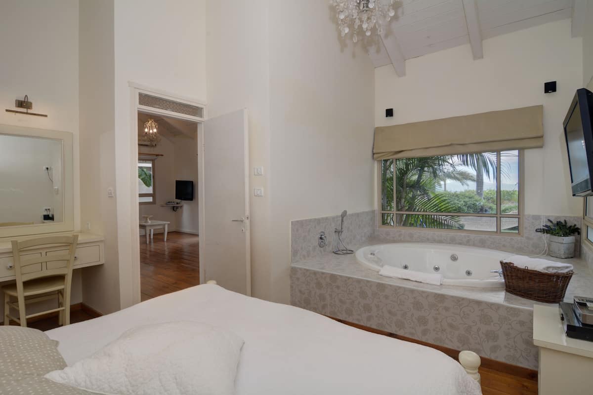 A bedroom with a large bed, a bathroom with a bathtub, a vanity with a mirror, and a television.
