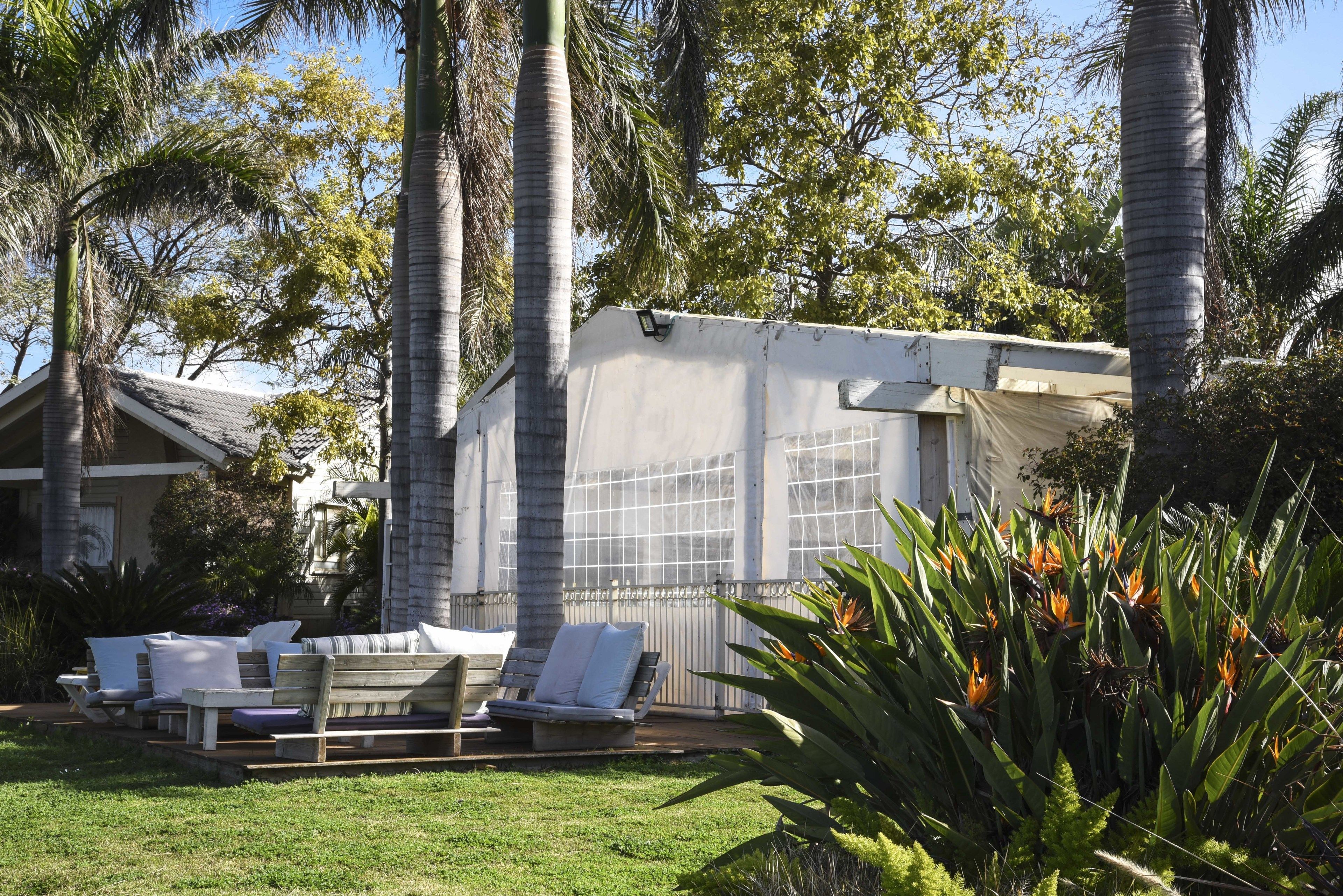 A backyard with a covered patio, lounge chairs, and tropical plants.