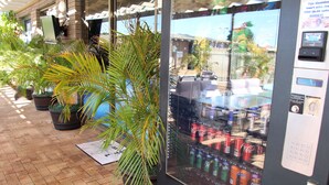 Un distributeur automatique proposant diverses boissons, des plantes en pot et un sol carrelé.