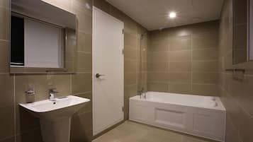 A modern bathroom with a sink, mirror, door, and bathtub.