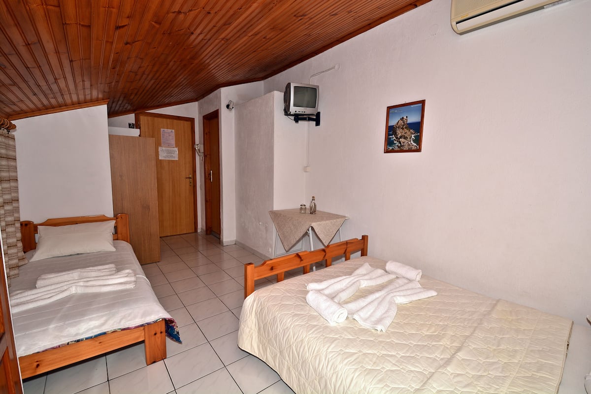 A room with two wooden beds, a small table with a television, and a painting on the wall.
