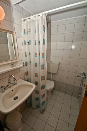 A bathroom with a sink, toilet, and shower.