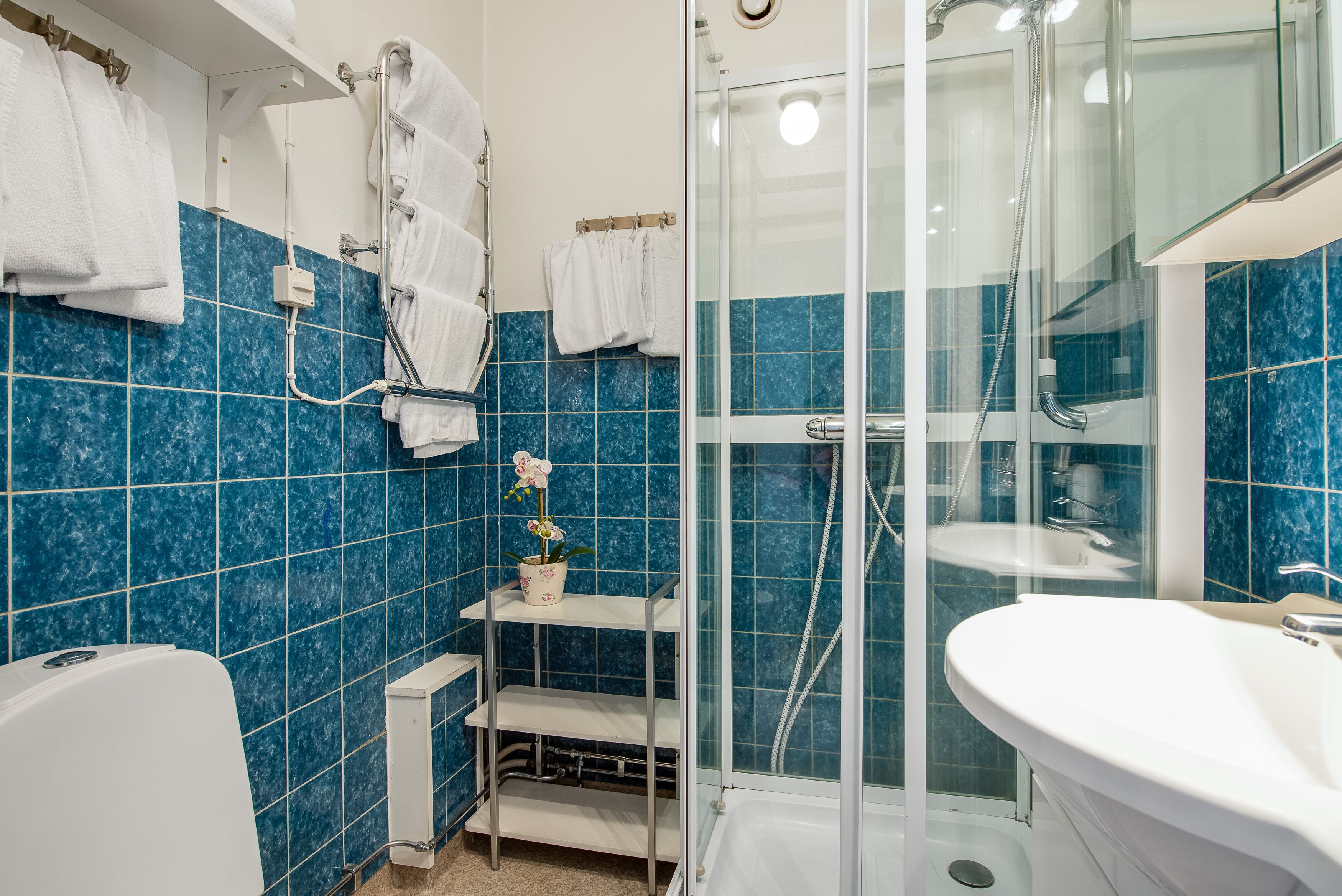 A bathroom with a glass-enclosed shower, a white sink, and a blue-tiled wall.