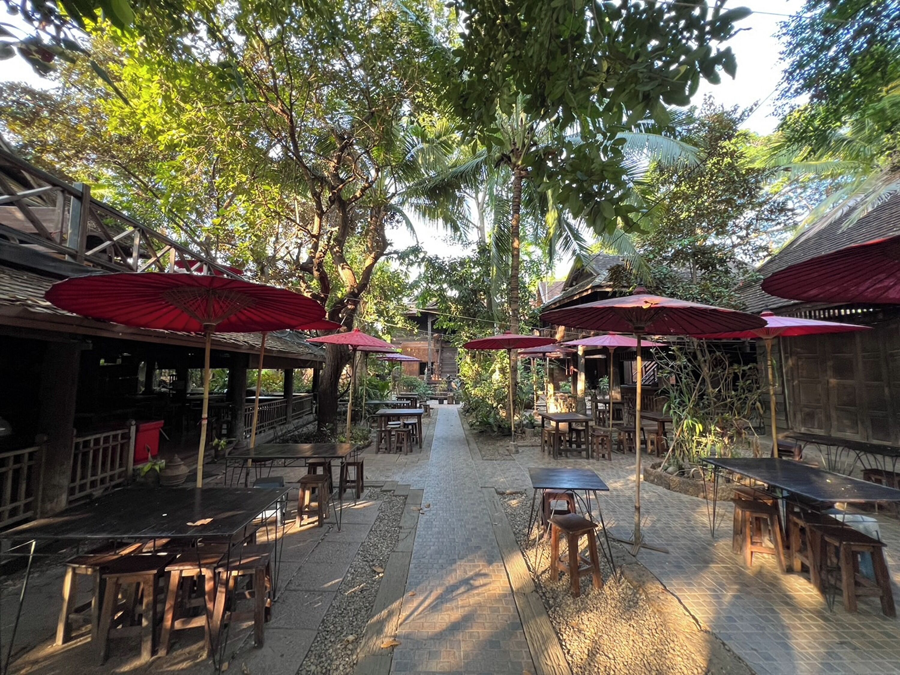 Een terras met tafels en rode parasols, omringd door bomen en houten constructies.