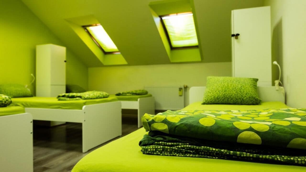 Een kamer met twee bedden, elk met groen beddengoed en kussens, een witte kast en een witte radiator.