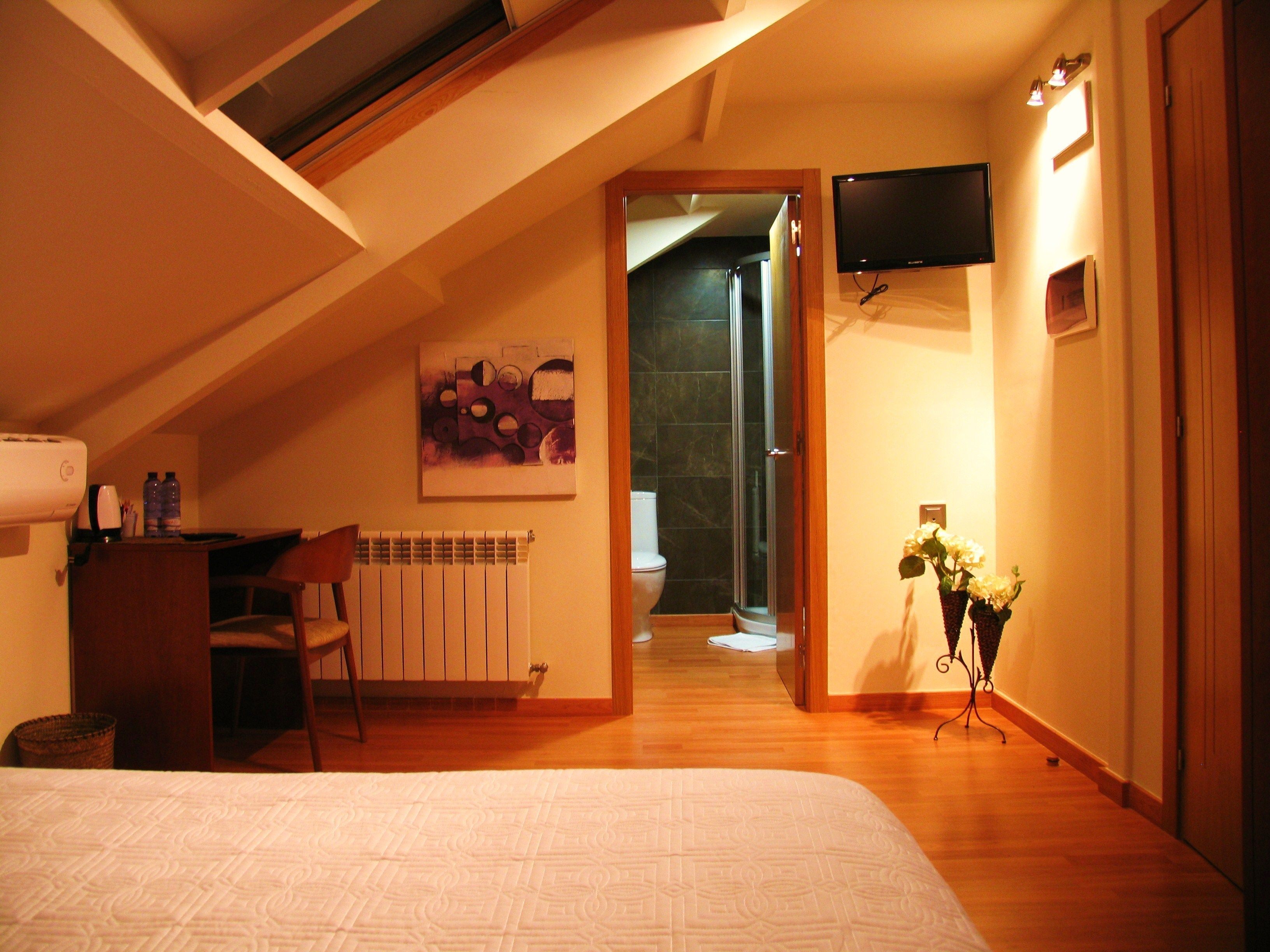 Une chambre à coucher comprenant un lit, un bureau, une chaise, un radiateur, une douche et un téléviseur.