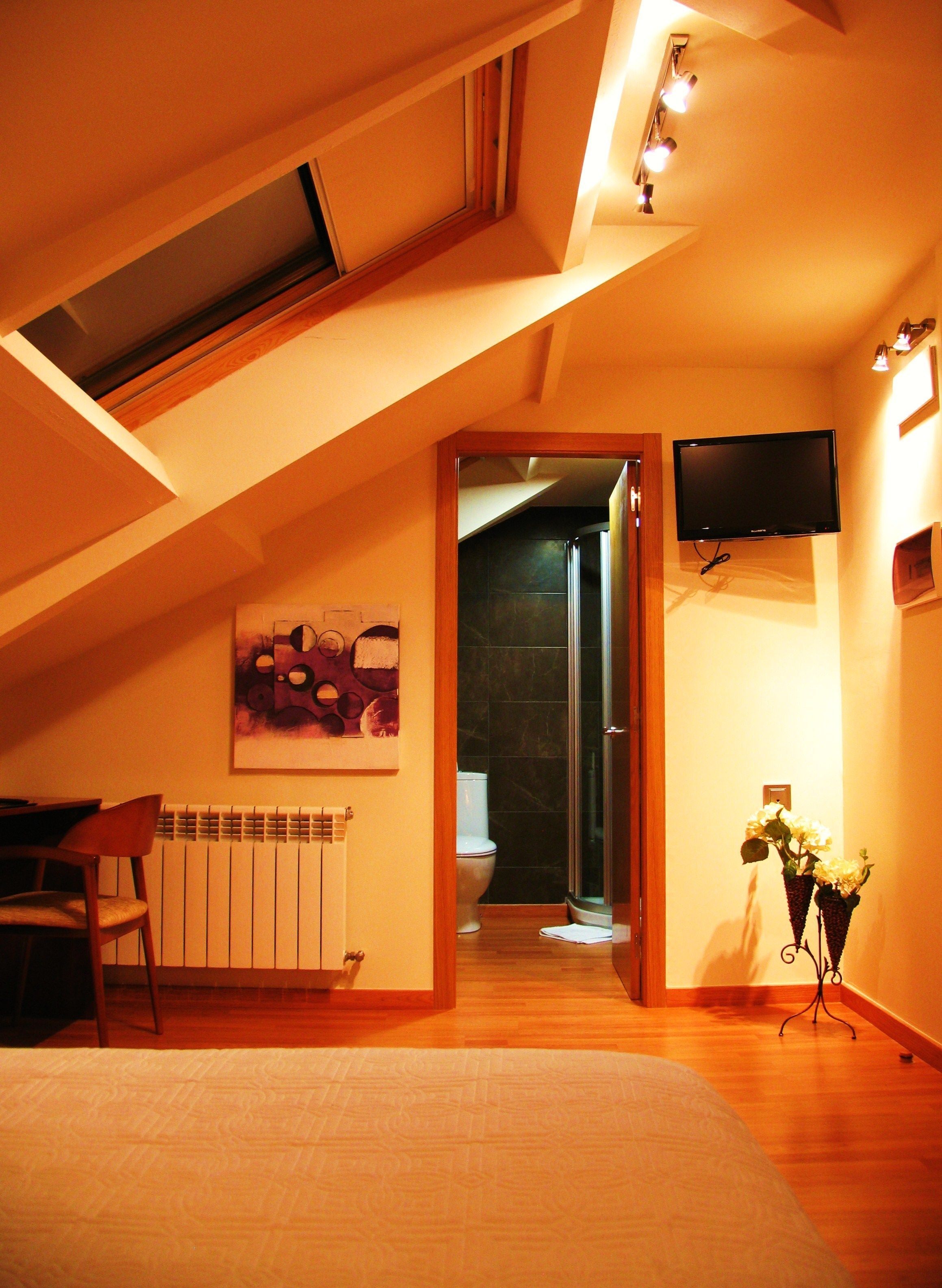 A bedroom with a sloped ceiling, a bed, a radiator, a chair, a painting, a television, and a bathroom with a toilet and shower.
