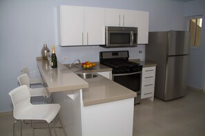 Departamento de lujo, 1 habitación | Cocina privada | Refrigerador con congelador, microondas y cafetera y tetera 