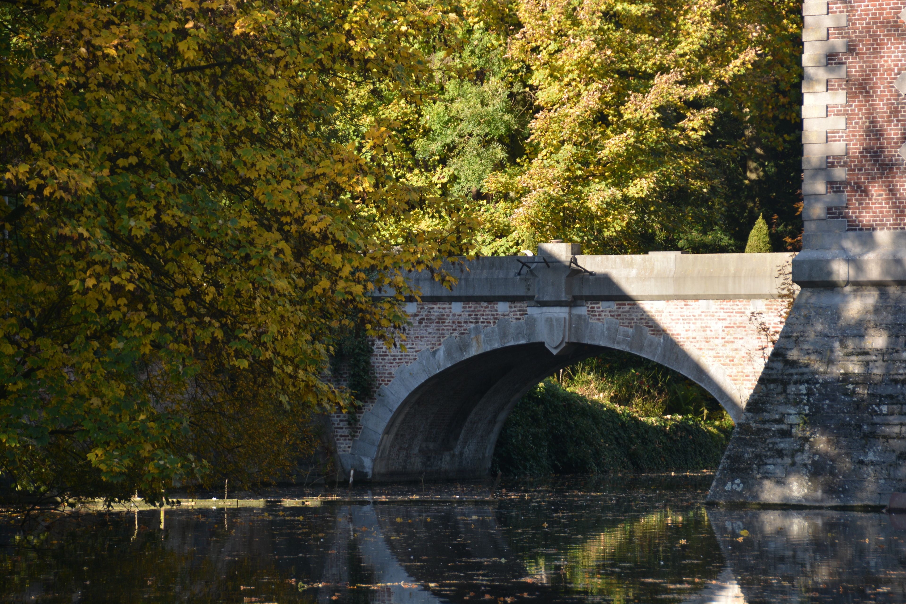 A stone bridge over a calm river with trees on either side.