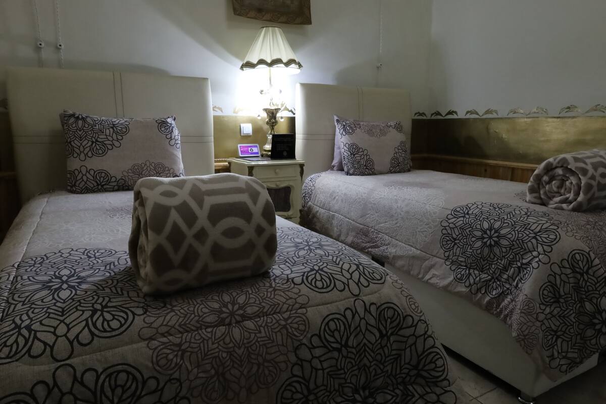 A hotel room with two beds, each with patterned bedding and matching pillows. There is a nightstand with a lamp and a laptop.