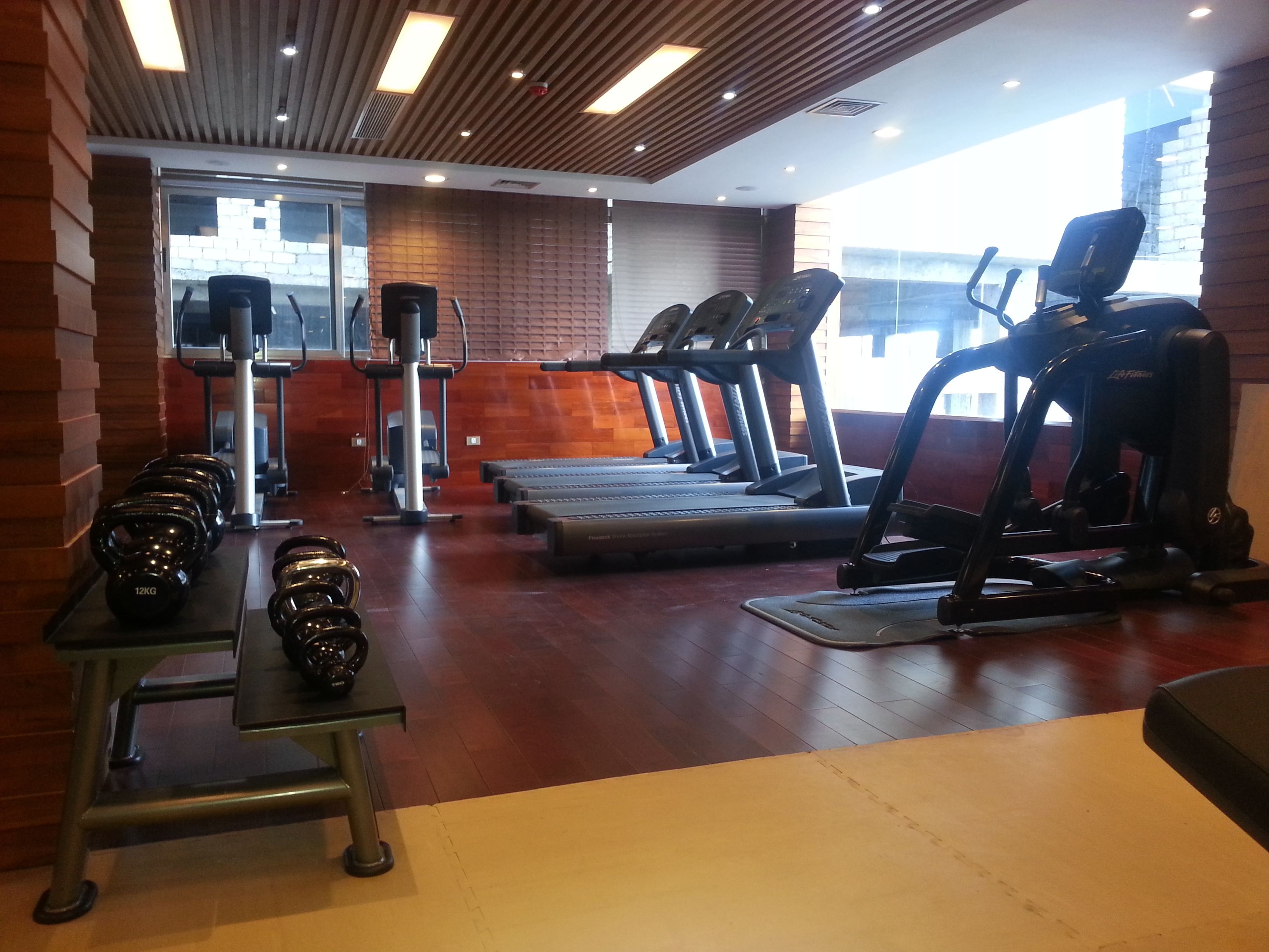 A gym with treadmills, elliptical machines, and free weights.