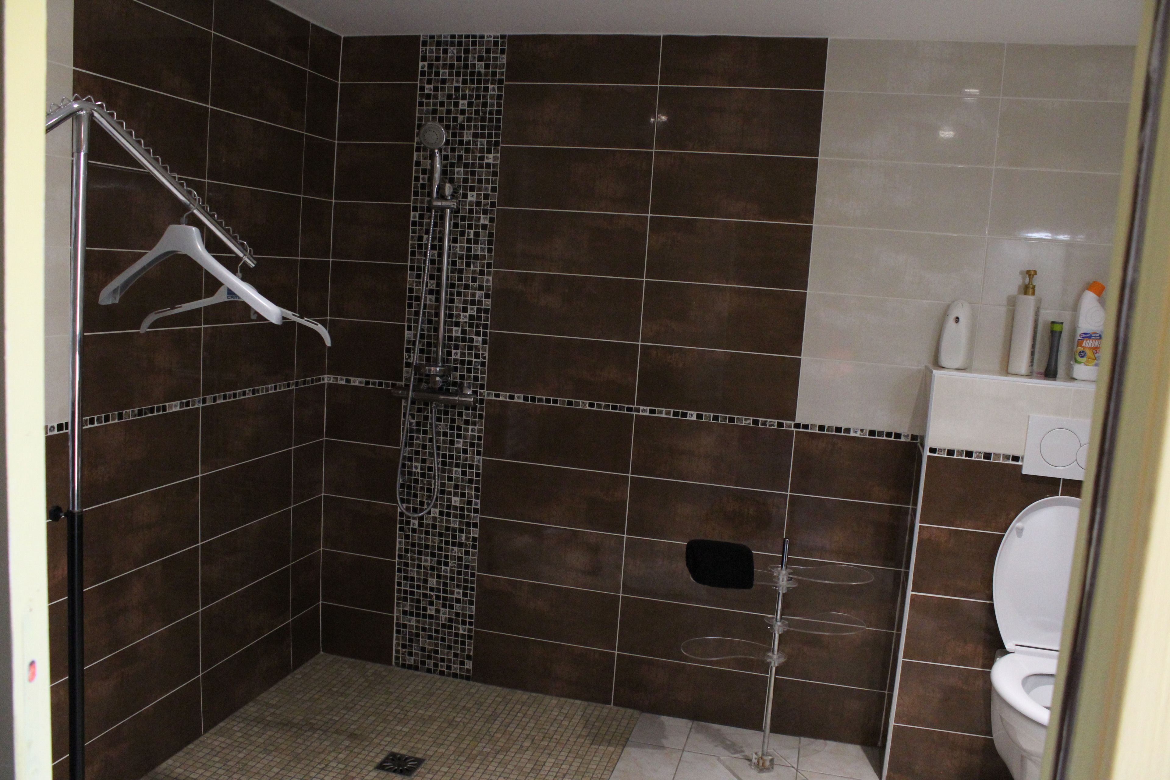 Ein Badezimmer mit Dusche, gefliesten Wänden, Toilette und Waschbecken.