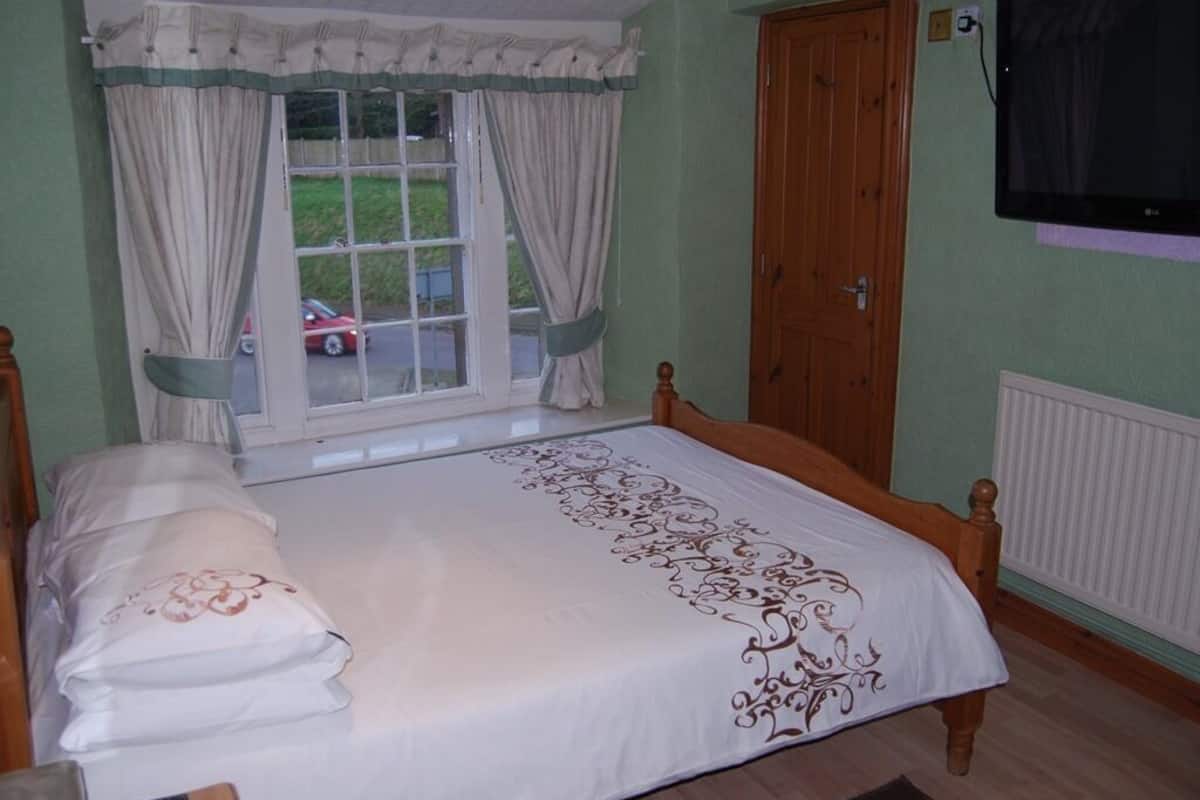 A bedroom with a bed, curtains, a window, a door, a radiator, and a television.