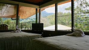 Una habitación con dos camas, televisión y ventanas amplias que ofrecen vistas a un paisaje montañoso.
