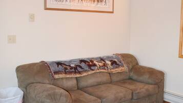 Ein braunes Sofa mit einer Decke, ein weißer Mülleimer und ein gerahmtes Bild an der Wand.