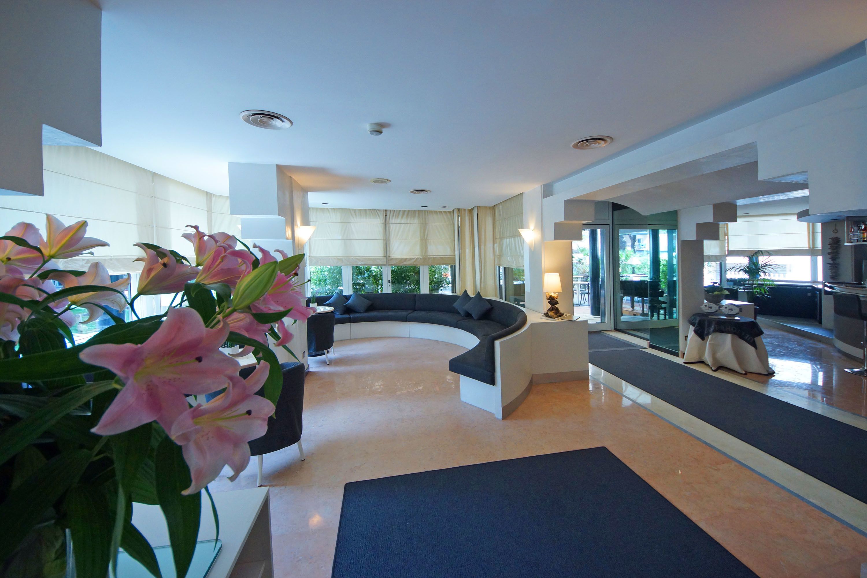 A modern living room with a curved black sofa, a glass coffee table, and a large window with natural light. There are potted plants and a blue rug on the floor.