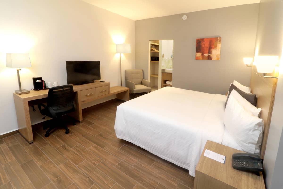 A hotel room with a bed, desk, chair, TV, and bedside lamp.