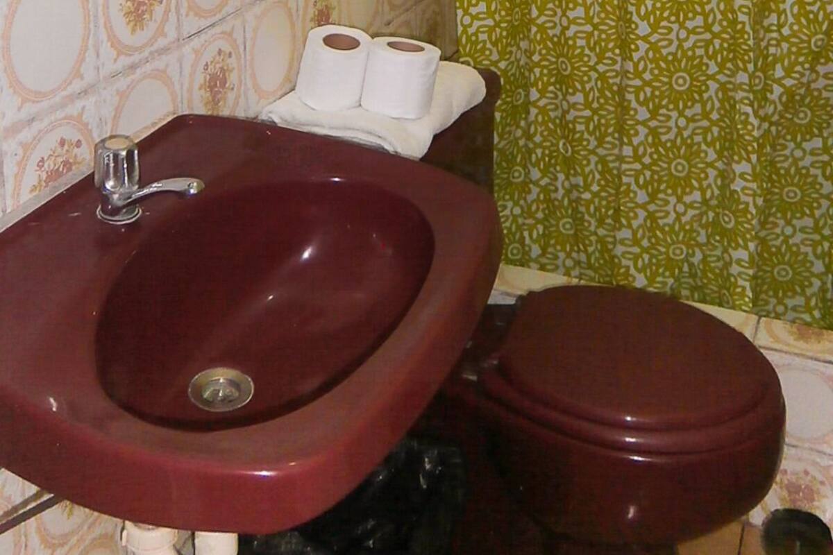 Ein Badezimmer mit einem roten Waschbecken, einer Toilette und einer blumengemusterten Duschvorhang.