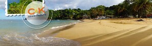 A beach with clear water, a sandy shore, and a row of buildings in the background. - C & K Apartments (Castara)