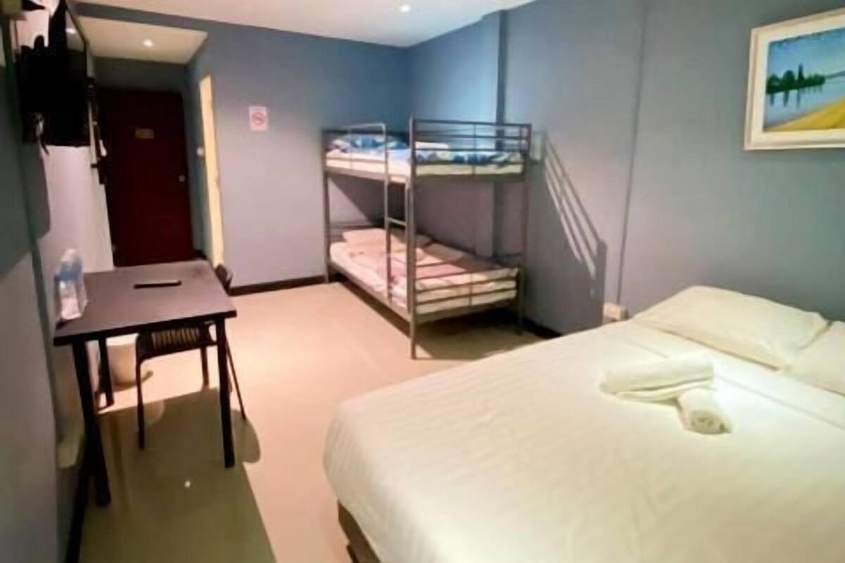 Desk, blackout drapes, soundproofing, free WiFi