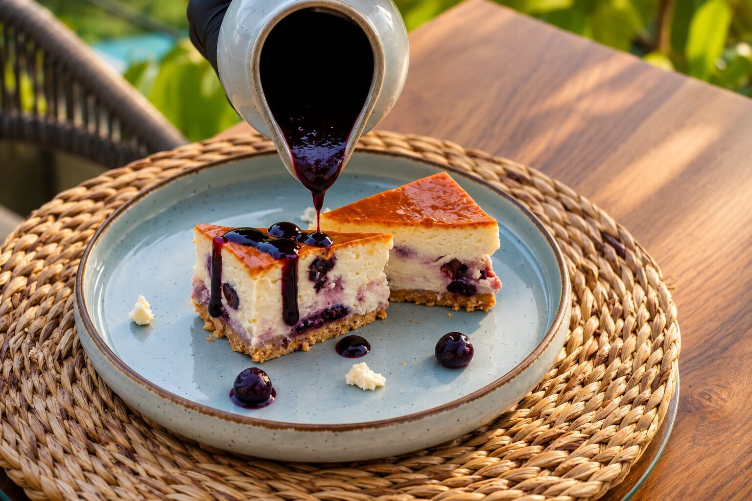 A slice of cheesecake with blueberry compote on a plate.