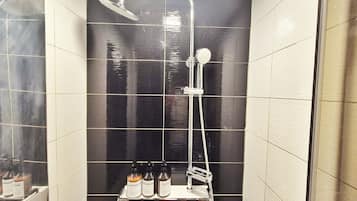 Shower, free toiletries, hair dryer, slippers