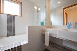 Combined shower/tub, free toiletries, hair dryer, towels
