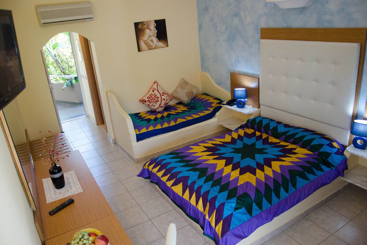 A bedroom with a bed, a sofa, a TV, and a small table with a vase and fruit.