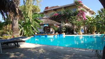 Un hotel con piscina, sillas de descanso y plantas tropicales.