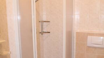 A bathroom with a shower enclosure, a sink, and a toilet.