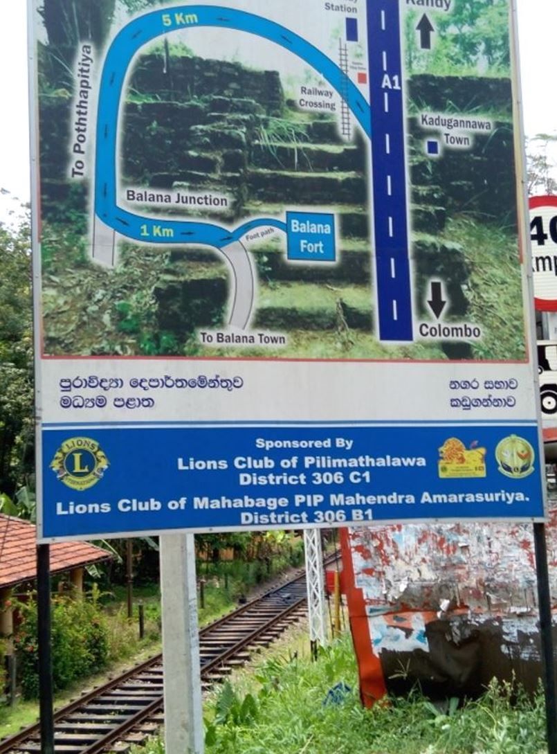 A signboard with a map and information about Balana Junction, Balana Fort, and Colombo.