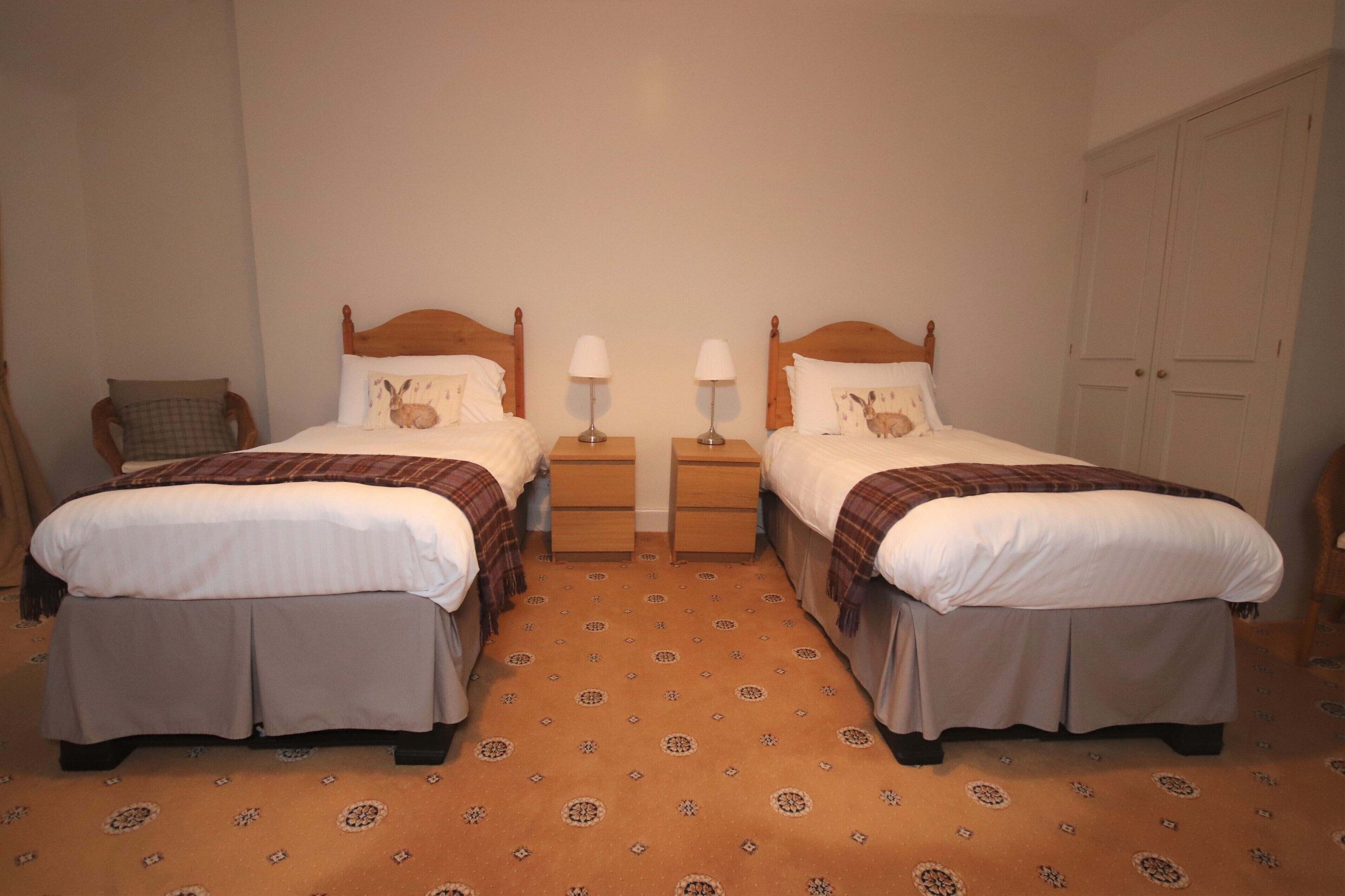 A double room with two beds, each with a wooden headboard, white bedding, and a checkered blanket. There are bedside tables with lamps and a small chair. The floor has a patterned carpet.