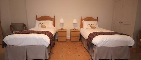 A double room with two beds, each with a wooden headboard, white bedding, and a checkered blanket. There are bedside tables with lamps and a small chair. The floor has a patterned carpet.