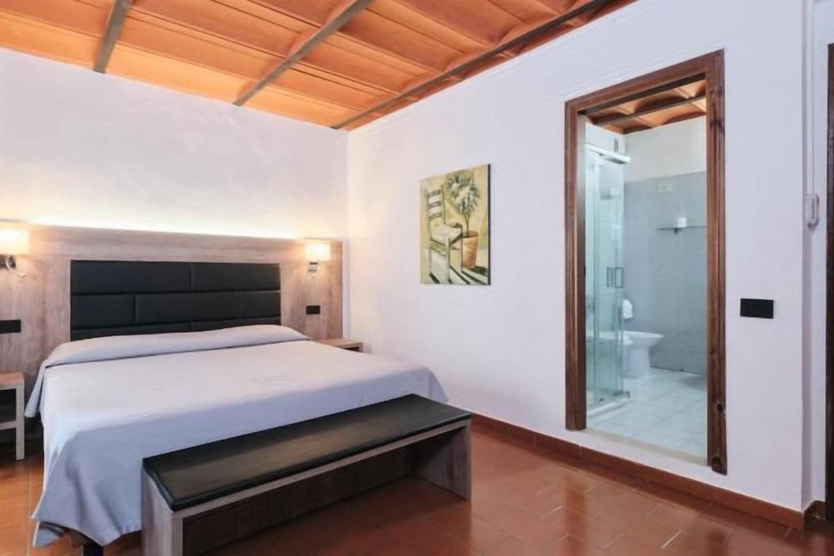 Un dormitorio con cama, mesitas de noche, un banco, un cuadro y una puerta que da a un baño.
