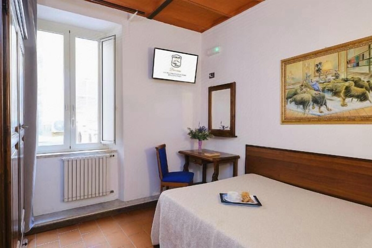 Habitación de hotel con cama, escritorio, silla, radiador, televisor y un cuadro en la pared.