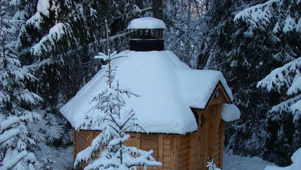Una cabaña de madera rodeada de árboles cubiertos de nieve.