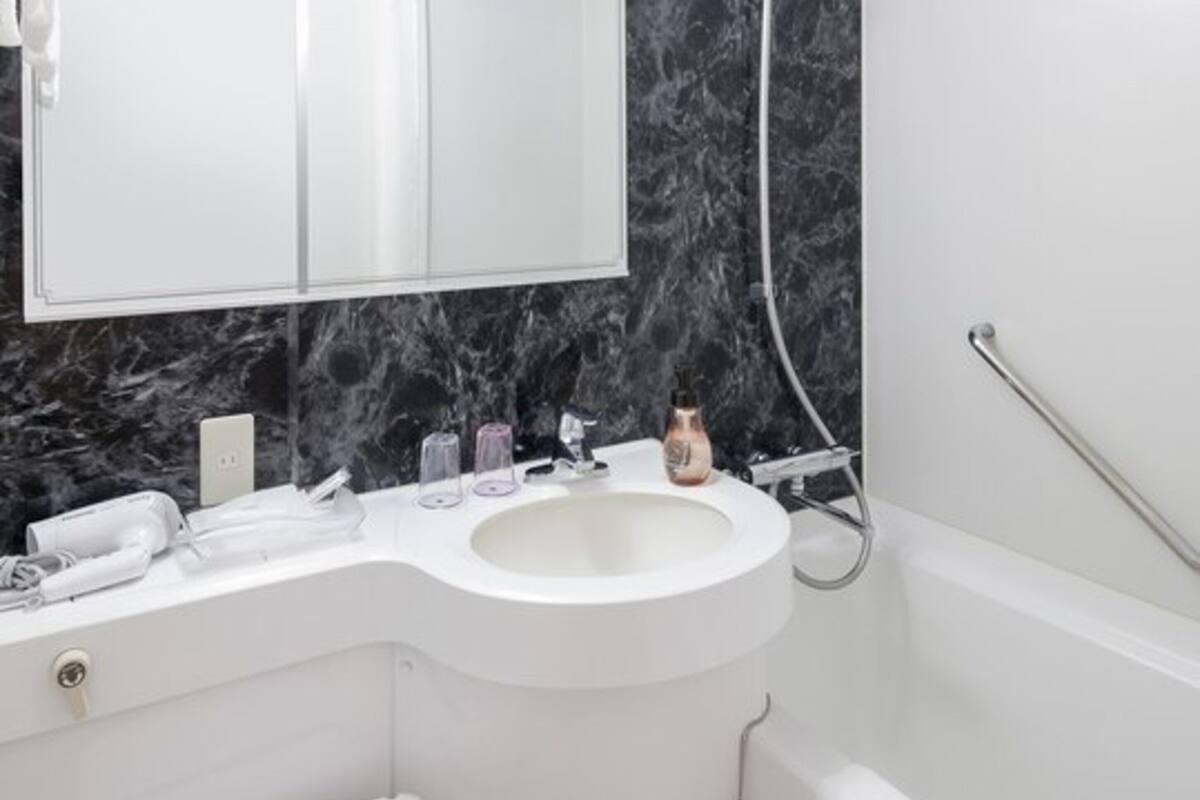 combined shower/bathtub, free toiletries, hair dryer, slippers