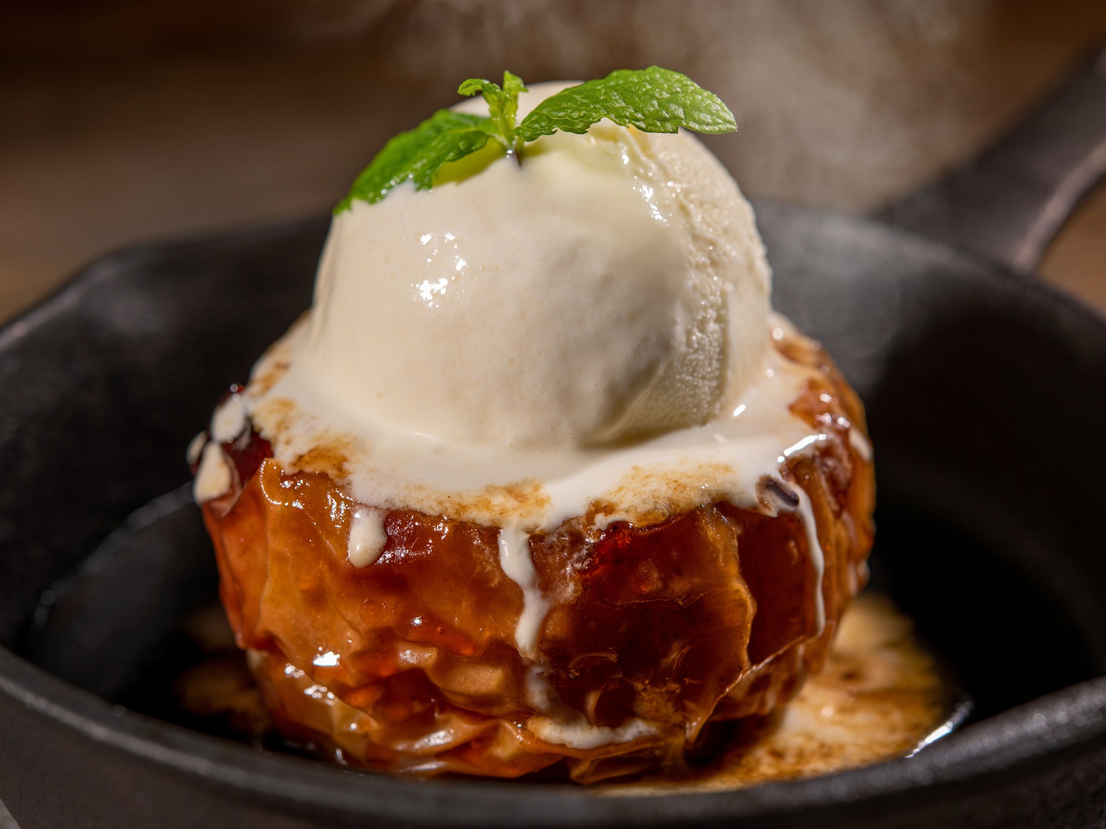 A dessert in a cast iron skillet.